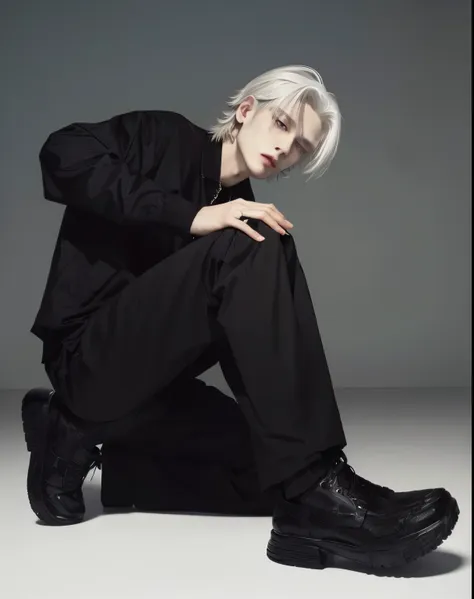 a man with white hair and black pants sitting on a white floor, cai xukun, jung jaehyun, hyung tae, taejune kim, johan liebert, ...