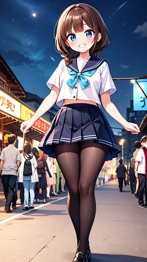 {Highest quality], [Super beautiful], [Ultra fine], [Best illustration], NSFW,Brown Hair,Hime cut,Braid,Clear,With bangs, girl,Sailor suit,knit cardigan,Short sleeve,skirt,Slender women,walk,(Public),Night Park,Summer festival,diagonal,black tights,Black l...