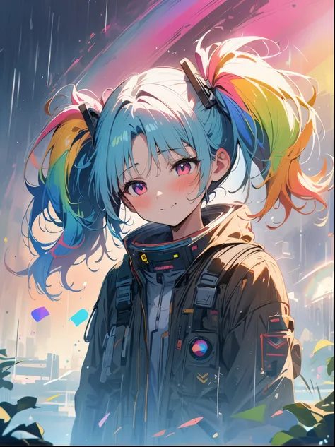 Hair shaking, victory, Long eyelashes, Solid round eye, A faint smile, ear blush, direction, (((Rainbow hair))), cosmetic, blush, sad, sad smile, shadow, Relief, Atmospheric perspective, 8K, Super Detail, precise, best quality, (Cyberpunk), Bright Lights, ...