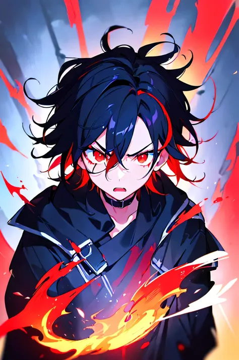 [(SKY BACKGROUND:1.5),::5], ((((masterpiece)))), high quality, ultra very high resolution, full color, (((solo))), ((little boy)), black hair, ((red streaked hair)), blue eyes, anime, ((upper body)), neon light, (anger), black parka, (flame effect:1.2), (b...