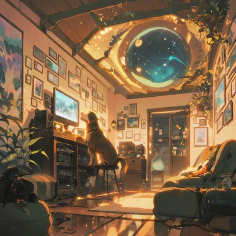 ((anime:1.4,illustration)),(masterpiece, top quality, best quality),(ultra-detailed, absolutely resolution),((16k, high res)), (((Interior, small living room, planetarium on the whole ceiling, boy and dog looking up)) ((cosy lofi illustration:1.4)), ((anim...