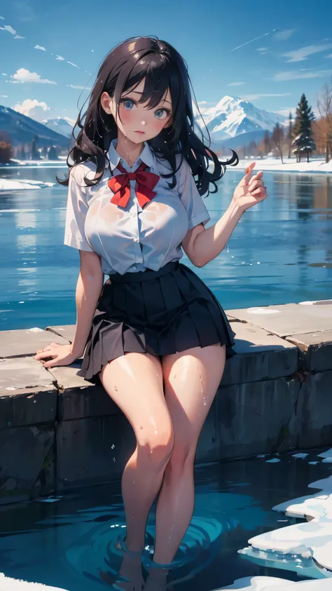 illustration：Ultra-delicate，A woman，White collar shirt，Red bow tie，Black pleated mini skirt，Beautiful legs，Wavy Hair，Big super big breasts，Frozen lake in the background，Clothes are wet，shy，Underwear in hand