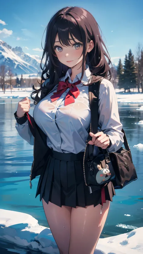 illustration：Ultra-delicate，A woman，White collar shirt，Red bow tie，Black pleated mini skirt，Beautiful legs，Wavy Hair，Big super big breasts，Frozen lake in the background，Clothes are wet，shy，Underwear in hand