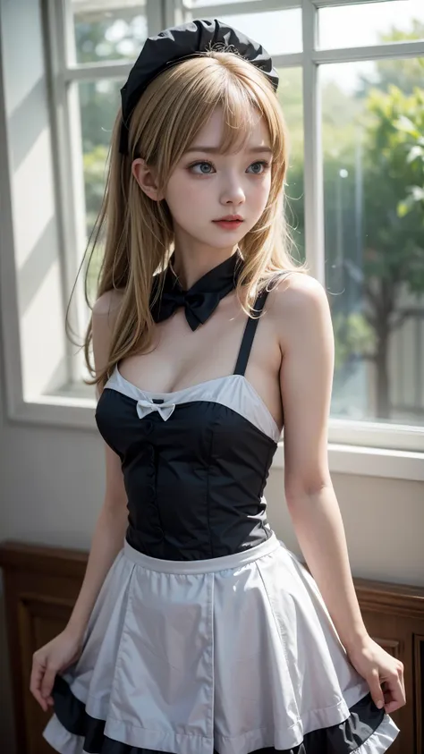 anime character dressed in Maid outfit standing in front of a window, anime girl in a Maid costume, Maid outfit, gorgeous Maid, Maid, Beautiful and detailed art, Maid dress, Slender body line, Small and slender figure, Small beautiful butt, (anime cat girl...