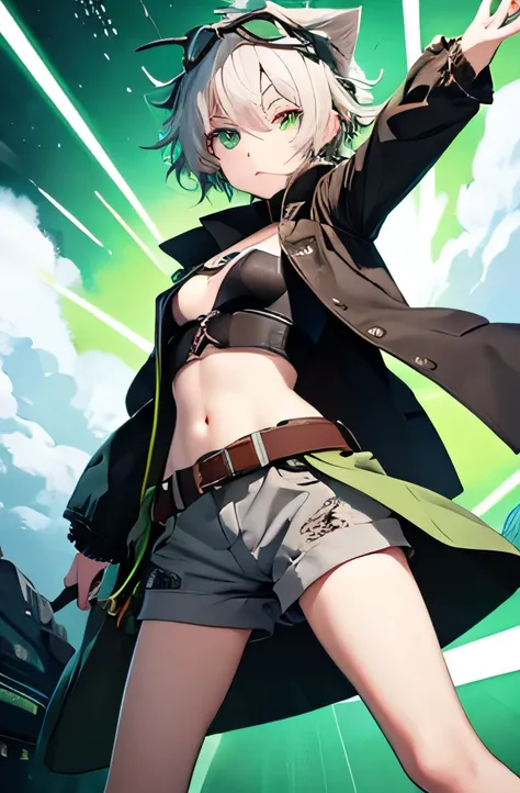 Short Hair、Confused eyes、Green Eyes、Dynamic Pose、Gray Hair、Girl、、White Hair、Habitual hair、Messy hair、Grey short hot pants、Brown belt、Revealing clothing、Navel dashi style、black long coat、Brown boots、Depict the whole body、Accurate depiction、8K quality、Green ...