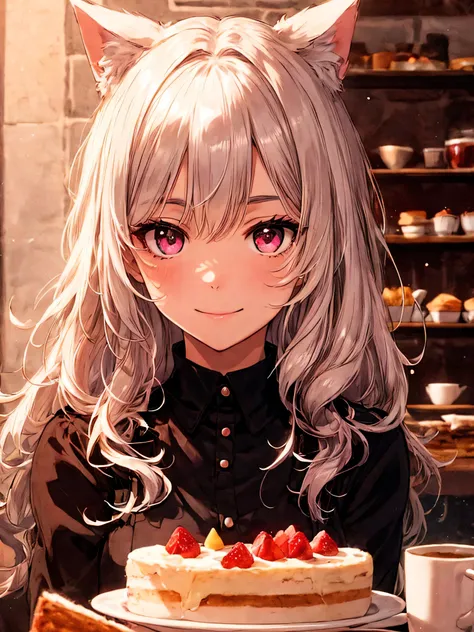 Highly detailed face,fine grain,Highlighted eyes, medium breasts ,pretty girl, smile shyly,Cat ear,Beautiful silver hair,Pink inside,Beautiful pink eyes,shiny skin, beautiful shadow,
Close-up of face, Cafe,cake