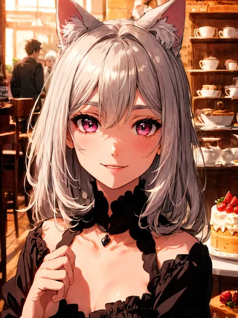 Highly detailed face,fine grain,Highlighted eyes, medium breasts ,pretty girl, smile shyly,Cat ear,Beautiful silver hair,Pink inside,Beautiful pink eyes,shiny skin, beautiful shadow,
Close-up of face, Cafe,cake