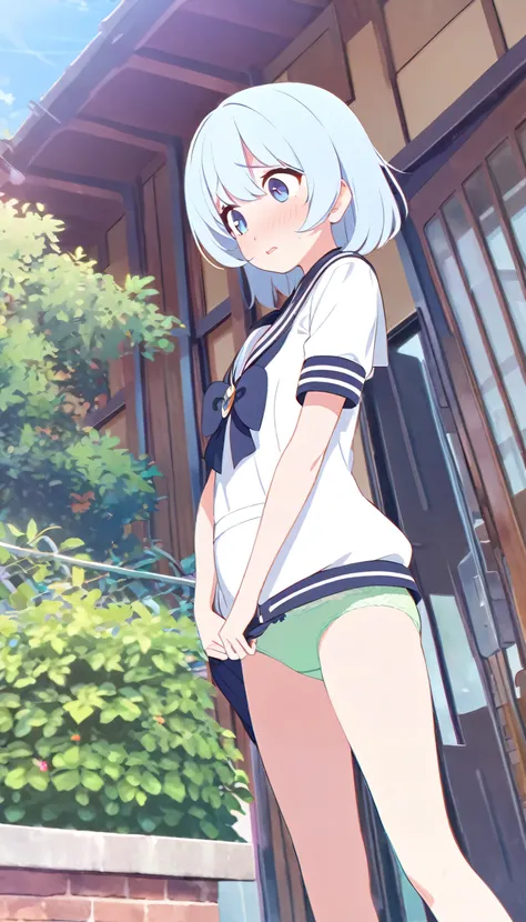 One girl、Standing in front of the house、Light blue hair、blue eyes、Standard bust size、Feeling embarrassed、A little big chest、Wearing a short-sleeved sailor jacket、Wearing green panties、Taking off her skirt、Daytime view