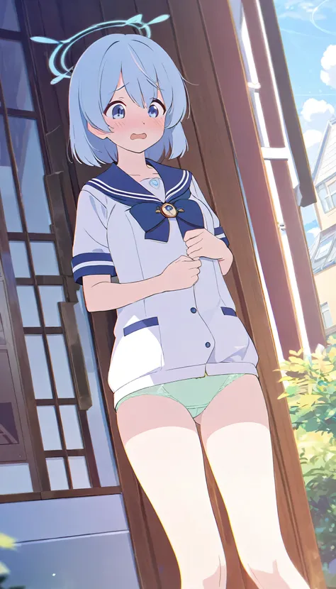 One girl、Standing in front of the house、Light blue hair、blue eyes、Standard bust size、Feeling embarrassed、A little big chest、Wearing a short-sleeved sailor suit、Wearing green panties、Daytime view