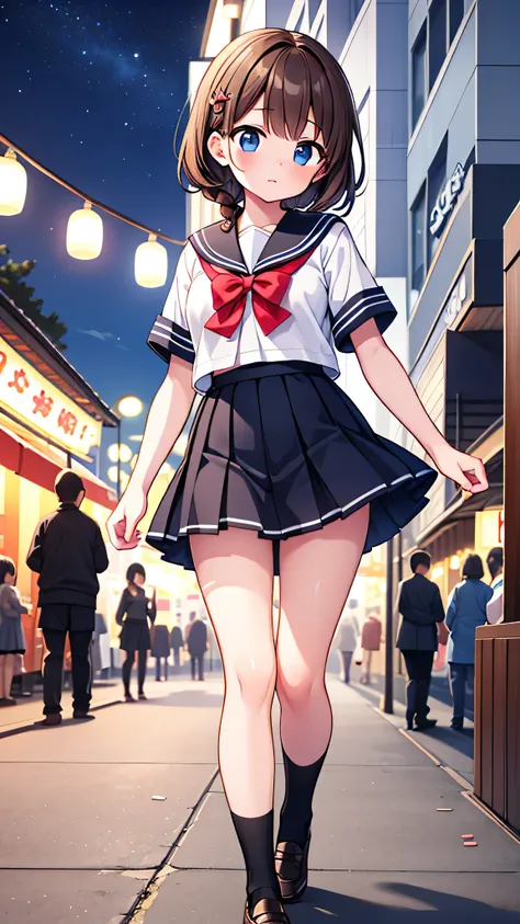 {Highest quality], [Super beautiful], [Ultra fine], [Best illustration], NSFW,Brown Hair,Hime cut,Braid,Clear,With bangs, girl,Sailor suit,knit cardigan,Short sleeve,skirt,Slender women,walk,(Public),Night Park,Summer festival,diagonal,Black high socks,Bla...