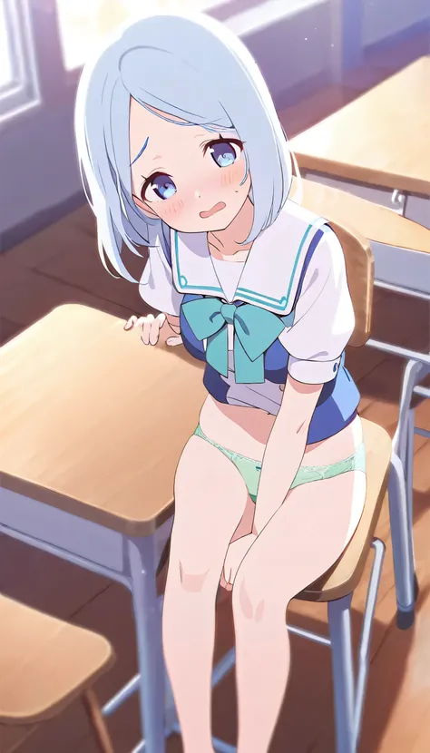 One girl、In the classroom、Sitting on a chair with feet together、Light blue hair、blue eyes、Standard bust size、Feeling embarrassed、A little big chest、Wearing a short-sleeved sailor suit、Wearing green panties、Daytime view