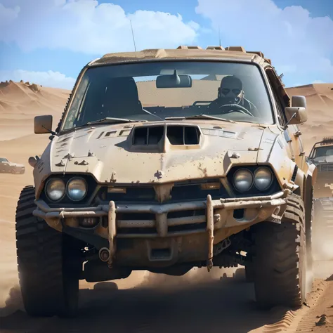 There is a dirty car parked in the dirt, Mad Max style, in Mad Max style, pixar cars in Mad Max fury road, Mad Max inspired, Mad Max fury road style, from the movie Mad Max fury road, Mad Max, Mad Max dust storm, Mad Max, trophy truck, phone wallpaper, Off...