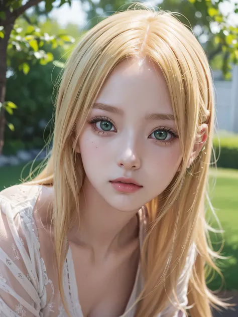 anime girl with blonde hair and green eyes staring at camera, an anime drawing inspired by Ma Yuanyu, pixiv, digital art, kawaii realistic portrait, in the art style of bowater, soft anime illustration, 🤤 girl portrait, digital anime illustration, smooth a...