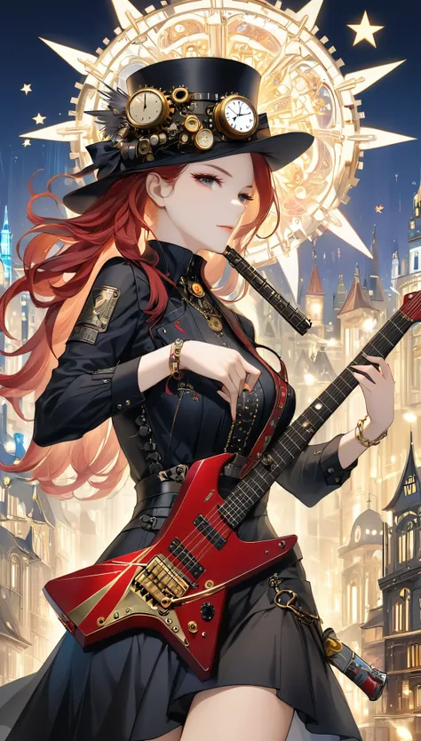 best quality, super fine, 16k, incredibly absurdres, extremely detailed, 2.5D, delicate and dynamic, beautiful woman playing electric guitar, cool guitar with star-shaped gold plated body, Northern Renaissance, black dress, red line, accessories, captivati...