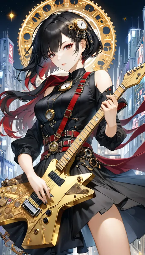 best quality, super fine, 16k, incredibly absurdres, extremely detailed, 2.5D, delicate and dynamic, beautiful woman playing electric guitar, cool guitar with star-shaped gold plated body, Northern Renaissance, black dress, red line, accessories, captivati...