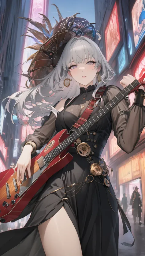 best quality, super fine, 16k, incredibly absurdres, extremely detailed, 2.5D, delicate and dynamic, beautiful woman playing electric guitar, cool guitar with star-shaped gold plated body, Northern Renaissance, black dress, red line, accessories, captivati...