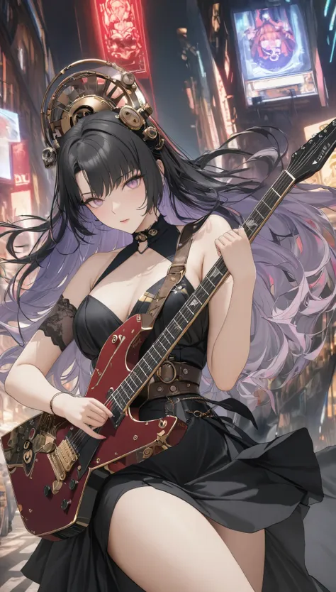 best quality, super fine, 16k, incredibly absurdres, extremely detailed, 2.5D, delicate and dynamic, beautiful woman playing electric guitar, cool guitar with star-shaped gold plated body, Northern Renaissance, black dress, red line, accessories, captivati...