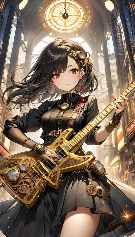 best quality, super fine, 16k, incredibly absurdres, extremely detailed, 2.5D, delicate and dynamic, beautiful woman playing electric guitar, cool guitar with star-shaped gold plated body, Northern Renaissance, black dress, red line, accessories, captivati...