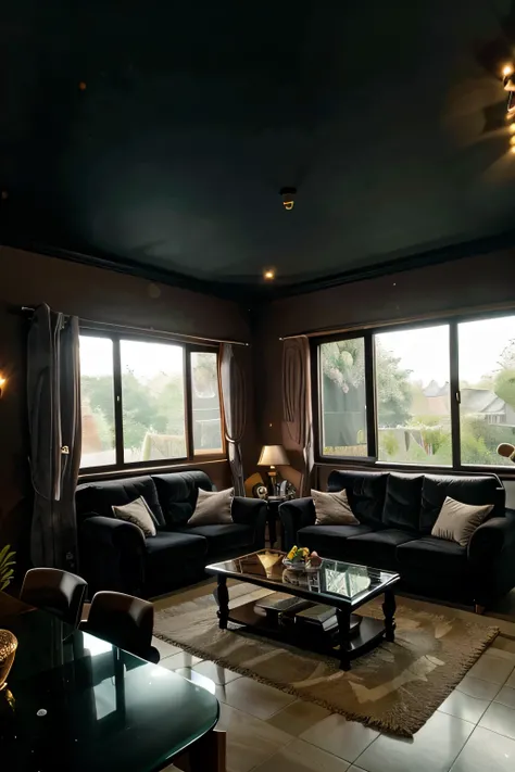 Dark house living room interior with sofa and sideboard, panoramic window