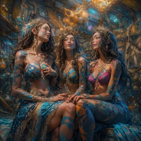 Surreal psychedelic artwork、Three very beautiful young women with body paint laughing、Erotic atmosphere、(Highest quality、4k、8k、High resolution、masterpiece:1.2)、Super detailed、(Real、Photorealistic、Photorealistic:1.37)、Super detailedな顔、Intricate details、Brig...