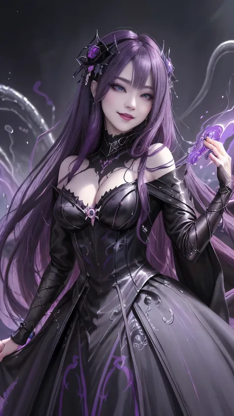 Esoteric arachnids lady, Spider Queen Elise, League of Legends, Esoteric arachnids, Combat Stance, ( The body is made of metallic mauve and metallic black liquid metallic paint.、It beautifully depicts the female form.。), Long, sharp fangs, nature, ((Comple...