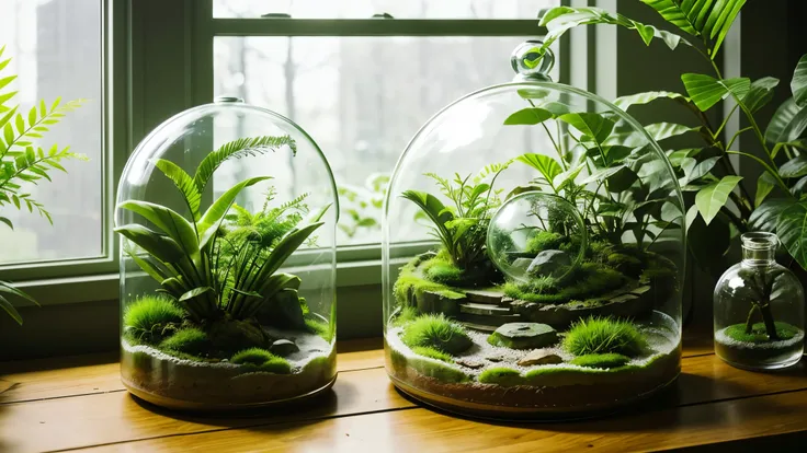 「１encased in two glass domes、a beautiful and delicate terrarium。mr.々various kinds of green plants are harmoniously arranged、smal...