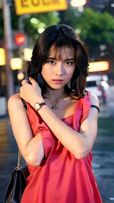 (RAW shooting, Photorealistic:1.5, 8k, Highest quality, masterpiece, Ultra-high resolution), Perfect dynamic composition:1.2, Modern city street corner at night, Expressions of sadness:0.3, (((Typhoon heavy rain))), Highly detailed skin and facial textures...