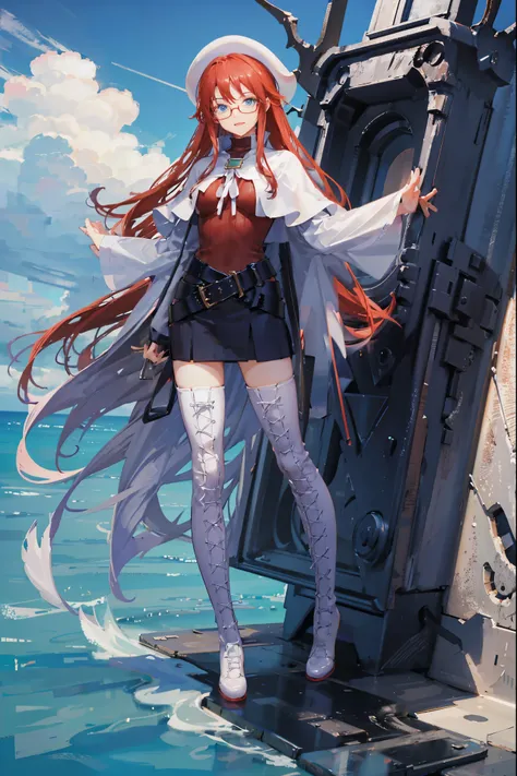 summonnightaty, aty, (young:1.3),long hair, blue eyes, red hair, big_tits, hat, glasses,
BREAK long hair, thighhighs, hat, dress, naked_legs, glasses, belt, cape, sweater, zettai ryouiki, beret, thigh boots, white footwear, ribbed sweater, loose belt,solo,...