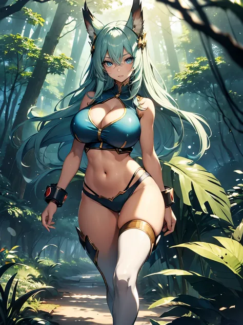 ((Seductive Anime Girl:1.3, solo:1.5))、((fusion of animal and girl:1.3))、((fantasy world:1.3))、((elaborate hands:1.2))、((Glossy realistic skin texture))、((Being in forest:1.3)), ((dynamism:1.4))、((dynamism posing:1.3))、((open clothes:1.2))、((crop top navel...