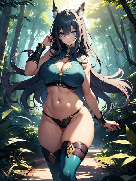 ((Seductive Anime Girl:1.3, solo:1.5))、((fusion of animal and girl:1.3))、((fantasy world:1.3))、((elaborate hands:1.2))、((Glossy realistic skin texture))、((Being in forest:1.3)), ((dynamism:1.4))、((dynamism posing:1.3))、((open clothes:1.2))、((crop top navel...