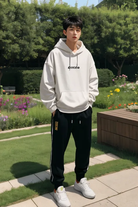 a beijing young man in a "plain hoodie", black jogger trousers, and sneakers stands against a garden background, full body, heig...