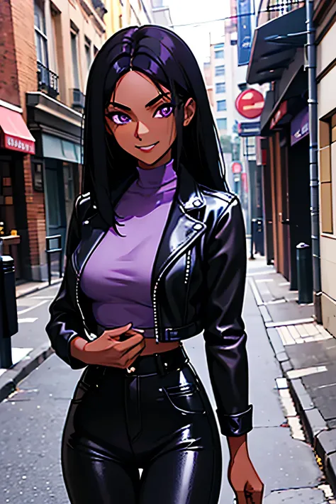 Masterclass, 1girl, alone, ((long black hair), (Dark skin), (purple eyes), medium breasts, thin waist, smiling) on the street, wearing black leather pant and Jean jacket