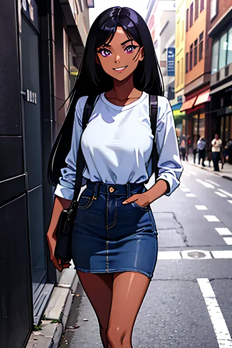 Masterclass, 1girl, alone, ((long black hair), (Dark skin), (purple eyes), medium breasts, thin waist, smiling), walking on the street, wearing denim skirt