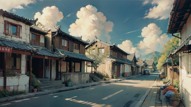 Oil_,architecture, Traditional Chinese Street,Sunlight, Flowers, Green Plants,((Blue sky)),((cloud)),
