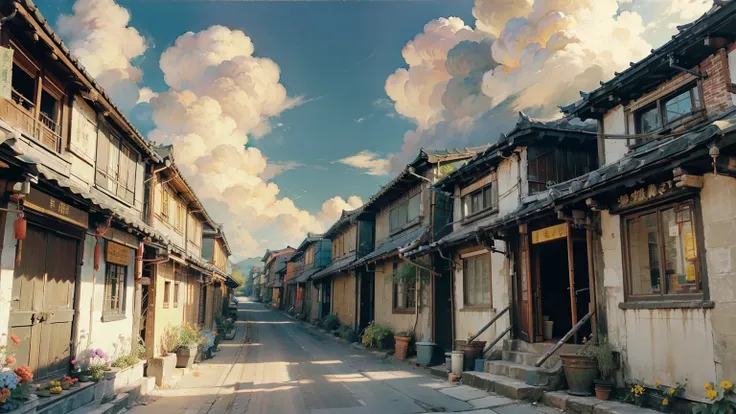 Oil_,architecture, Traditional Chinese Street,Sunlight, Flowers, Green Plants,((Blue sky)),((cloud)),