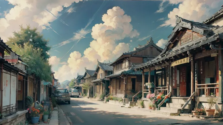 Oil_,architecture, Traditional Chinese Street,Sunlight, Flowers, Green Plants,((Blue sky)),((cloud)),