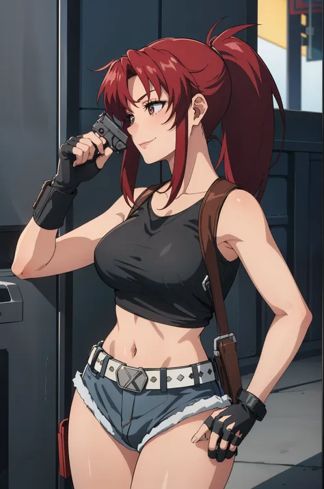 1girl, cute, sexy, red hair, cowboy shot, solo, revy, evil smile, holding gun, handgun, pistol, ponytail, tank top, fingerless g...