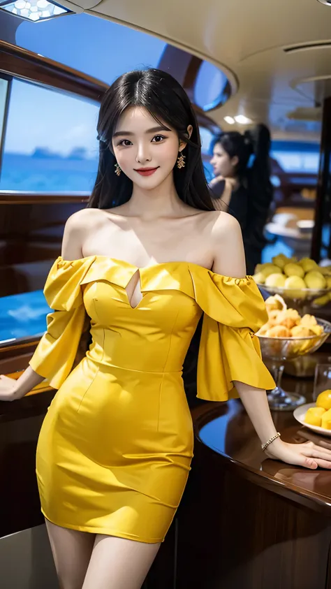 A sweet girl by the yatch luxury，voluminous hair，Delicate face，Photorealsitic，of a real，largeaperture，wears a yellow dress，A cropped dress，Off-the-shoulder，A dress around the neck，Slim，smiles，Ultra-high resolution, Blurred background