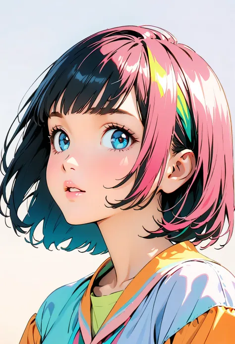 (Highest quality:1.2, City Pop Style, Very detailed, up to date, Vibrant, High Contrast, masterpiece:1.2, Highest quality, Best aesthetics), girl, ((Face Up Shot:1.4)), Colorful Hair, Bobcut, pastel colour, 1980s style, ((Retro, Vintage, Plain background))