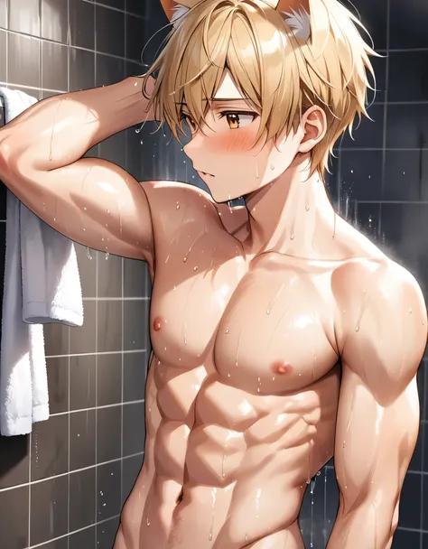 1young boy, cat ear, blonde hair, blushing, chiseled abs, chiseled pecs, sweating, profuse sweating, fully naked with towel, blu...