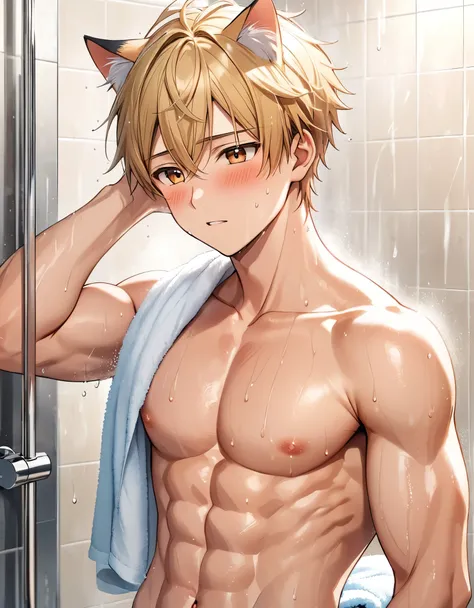 1young boy, cat ear, blonde hair, blushing, chiseled abs, chiseled pecs, sweating, profuse sweating, fully naked with towel, blu...