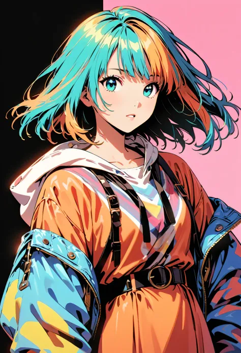 (Highest quality:1.2, City Pop Style, Very detailed, up to date, Vibrant, High Contrast, masterpiece:1.2, Highest quality, Best aesthetics), girl, ((Face Up Shot:1.4)), Colorful Hair, Bobcut, pastel colour, 1980s style, ((Retro, Vintage, Plain background))