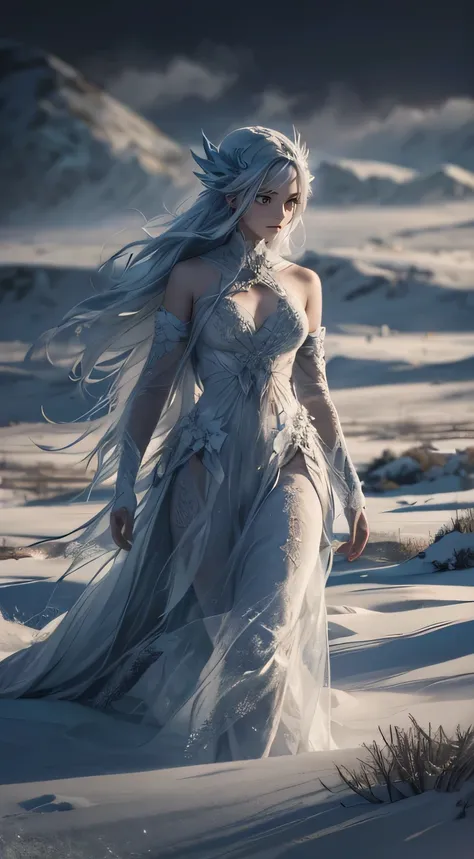 A stunning, photorealistic illustration of an enigmatic snow elemental roaming the vast Siberian tundra. The elemental takes the form of a beautiful, otherworldly female figure, her skin a stark contrast to the icy environment. Her eyes are a deep, captiva...