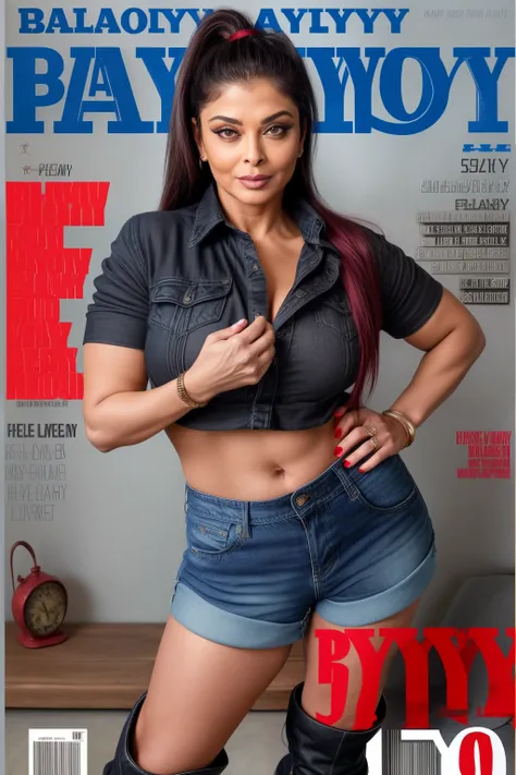 Full body photo of SENSUAL SEXY 50YO MATURE MILF AISHWARYA RAI as FITNESS MODEL, (ponytail tied hair), ((black denim shorts with denim red shirt)), ((high boots)), (((seductive posing on PLAYBOY magazine cover))), day scene, curvaceous mature hourglass fig...