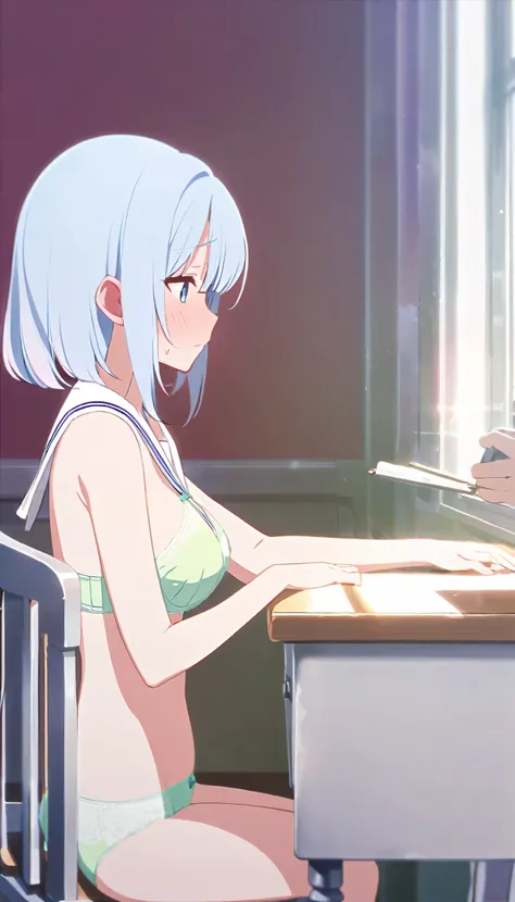 One Naked Girl、In the classroom、Sitting in a chair、Light blue hair、blue eyes、Red face、Feeling embarrassed、Standard bust size、profile、Looking down、Sailor suit、Wearing a green bra、Wearing green panties、Daytime view