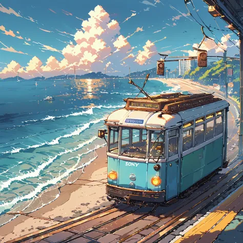 ((anime:1.4,illustration)),(masterpiece, top quality, best quality),(ultra-detailed, absolutely resolution),((16k, high res)), (((tram, seaside, blue sky, cumulonimbus cloud)) ((cozy lofi illustration:1.4)), ((anime:1.4, illustration)),(masterpiece, top qu...
