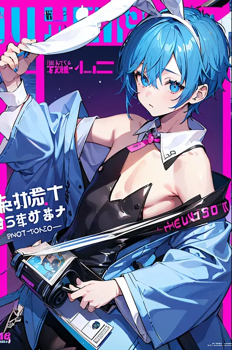 ((1boy)), hair ornament, blue hair, rabbit ears, playboy bunny, (Boy Messy Japanese Round Haircut for Thick Hair), bangs, leotard, blue eyes, detached collar, pink background, simple background, (solo)), (magazine:1.3), (cover-style:1.3), fashionable,  (ma...