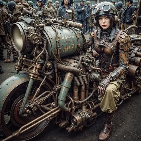 Dystopian night scene, very intricate details, Japanese woman wearing model-like armor, beautiful face, legs, cylinders that look like muscles, pose in motion, 8k, ultra high resolution, super realism, realistic photo, taken with Fuji film X-T30.+Nokton. H...