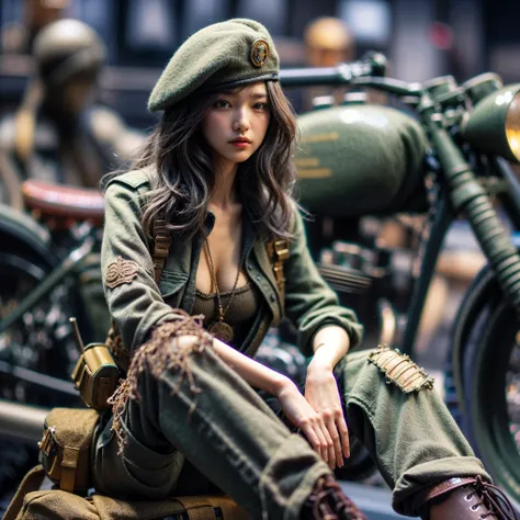 Dystopian night scene, very intricate details, Japanese woman wearing model-like armor, beautiful face, legs, cylinders that look like muscles, pose in motion, 8k, ultra high resolution, super realism, realistic photo, taken with Fuji film X-T30.+Nokton. H...