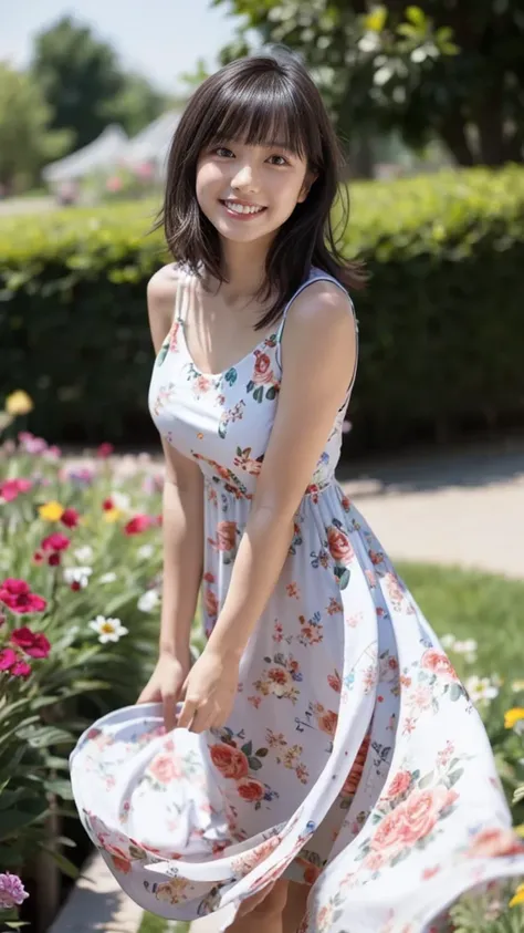 masterpiece, highest quality, disorganized, perfect anatomy, 1 girl, alone, pascal tales, short hair, beautiful, Hilarious, sunny day, botanical garden, Summer winds, sundress, Floral, wavy hair, smile
